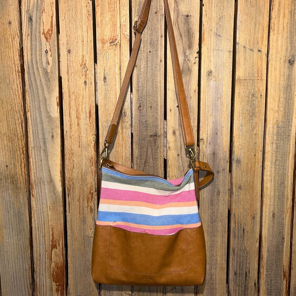 Fossil Brown Canvas and LeatherShoulder Bag